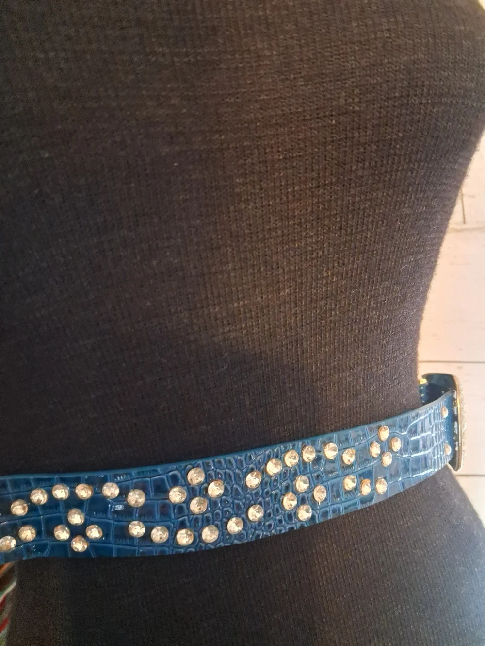 Blue Croc-Embossed Faux Leather Rhinestone Western Belt 33 To 38 Inches